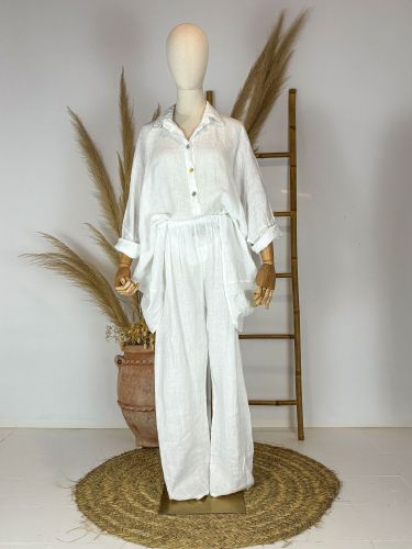 Pantalón largo lino blanco cintura elástica con bolsillo