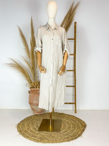 Vestido largo de lino camisero manga larga taupe...