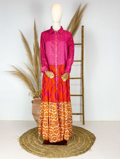 Vestido largo camisero fucsia y naranja