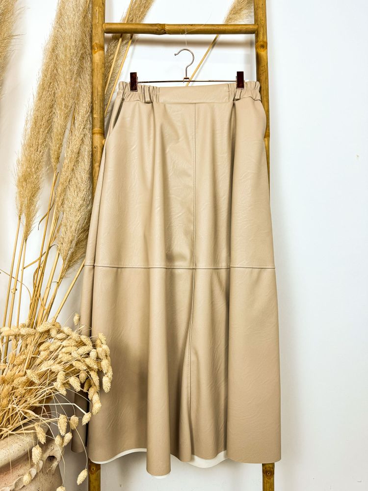 Falda midi piel beige