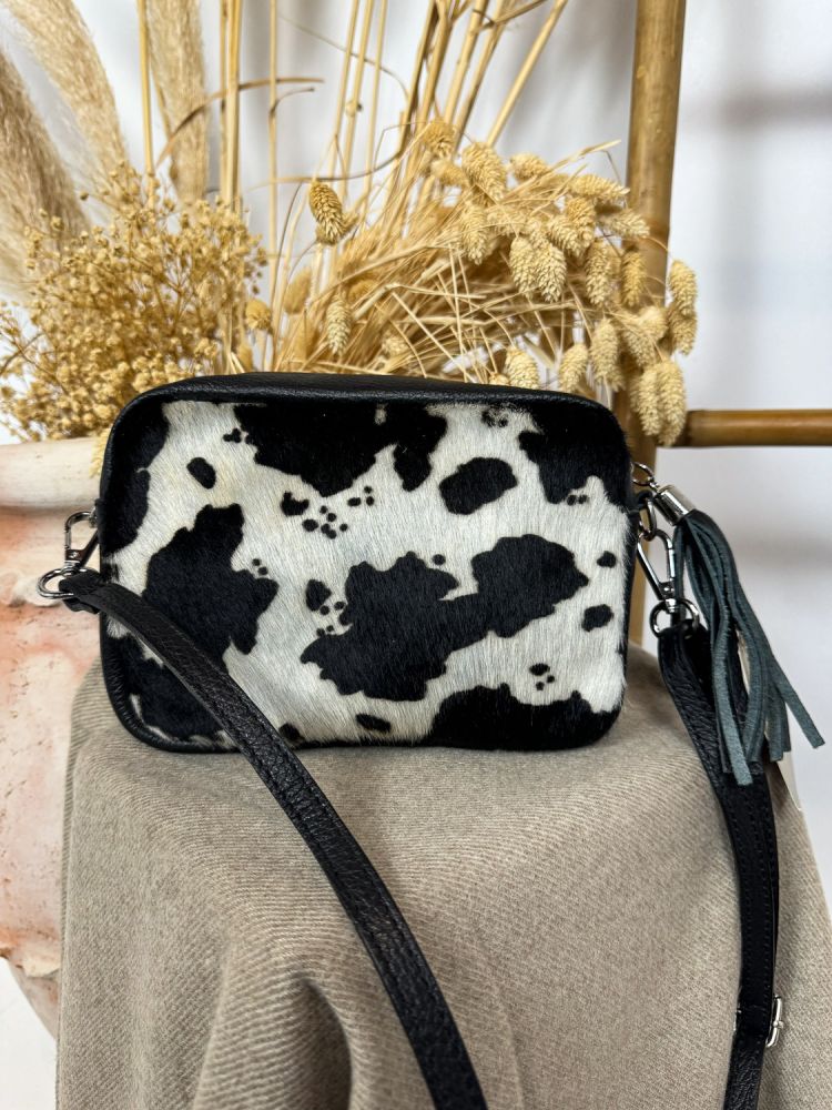 Bolso pequeño piel negra y pelo vaca