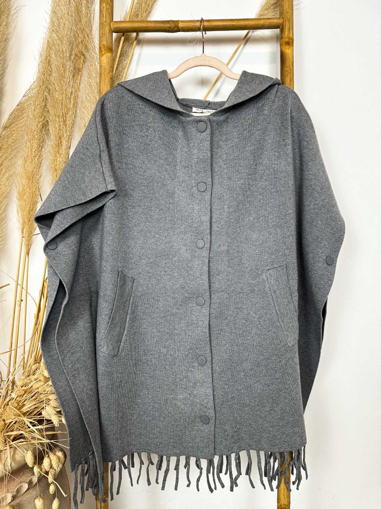 Chaqueta larga gris punto estilo poncho con capucha