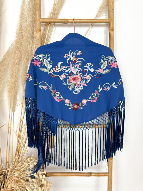 Mantón mediano algodón azul añil fleco largo