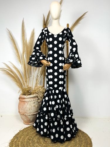 Traje flamenca sirena negro lunar blanco