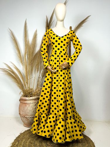Traje flamenca amarillo lunar mediano negro de capa