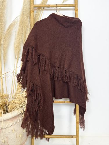 Chaqueta lana tipo capa con flecos color teja