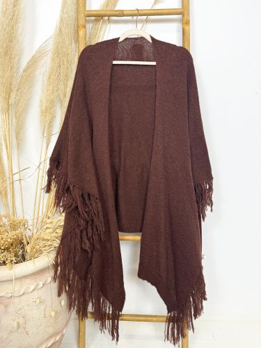 Chaqueta lana tipo capa con flecos color teja 2
