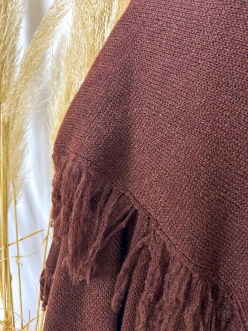 Chaqueta lana tipo capa con flecos color teja