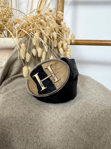 Hebilla ovalada pelo marrón y negro inicial relieve G 2