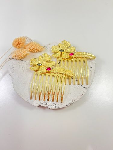 Peinecillo hoja acebo y hoja alargada dorada con piedra...