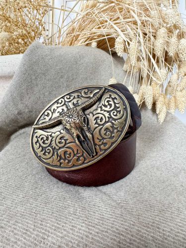 Hebilla ovalada labrada cráneo de búfalo oro viejo 2