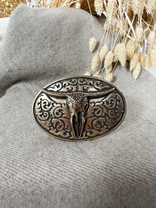 Hebilla ovalada labrada cráneo de búfalo oro viejo