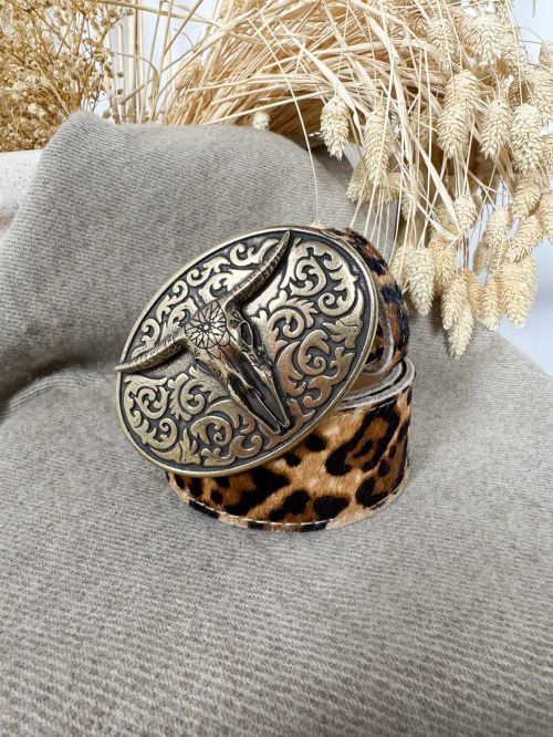 Hebilla ovalada labrada cráneo de búfalo oro viejo