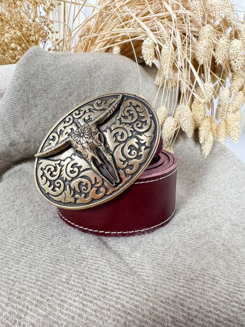 Hebilla ovalada labrada cráneo de búfalo oro viejo