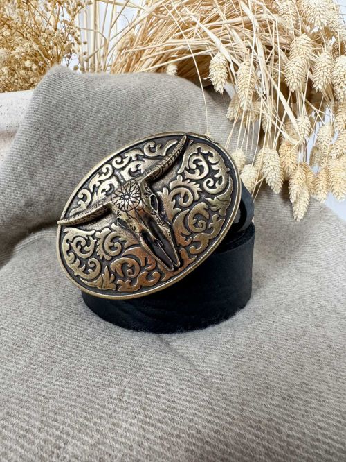 Hebilla ovalada labrada cráneo de búfalo oro viejo