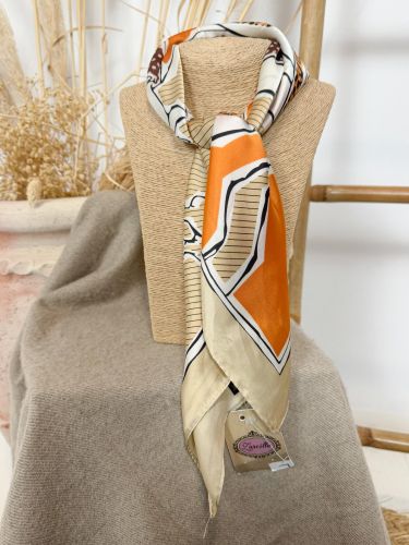 Pañuelo seda maxi caballo naranja, marrón y camel