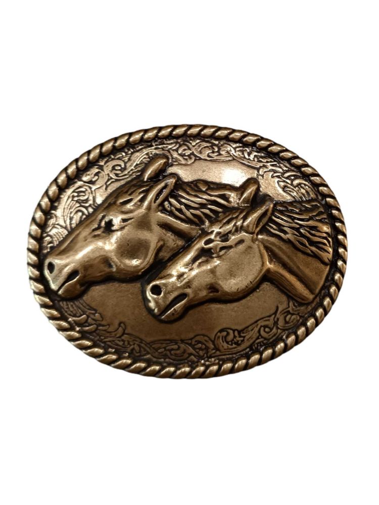 Hebilla ovalada oro viejo cabeza relieve dos caballos corriendo y grabado