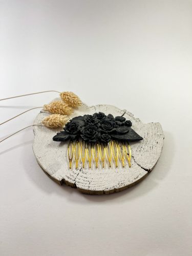 Peinecillo resina negro con rosas, flores y hojas variadas