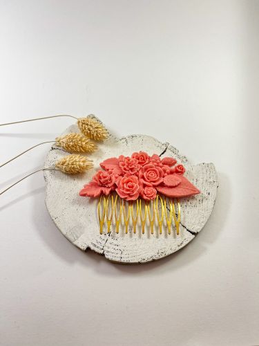 Peinecillo resina rosa bebé con rosas, flores y hojas...