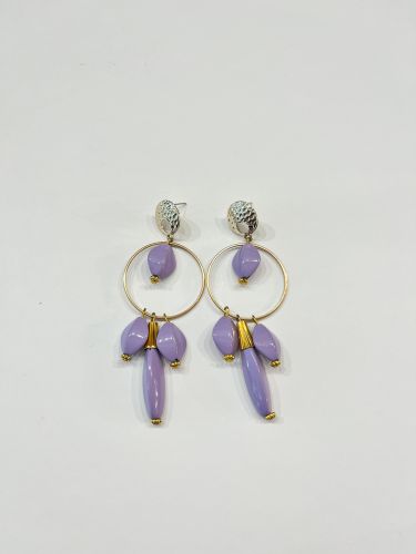 Pendiente pallamén círculo, 3 rombos y 1 lágrima lila