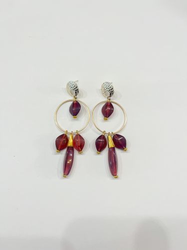 Pendiente pallamén círculo, 3 rombos y 1 lágrima morada...