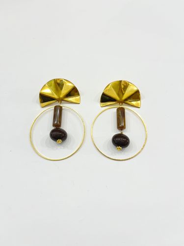 Pendiente PALLAMÉN abanico, círculo, bola y cilindro marrón