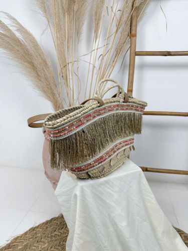 Capazo grande de yute con ribete de hilo naranja, flecos... 2