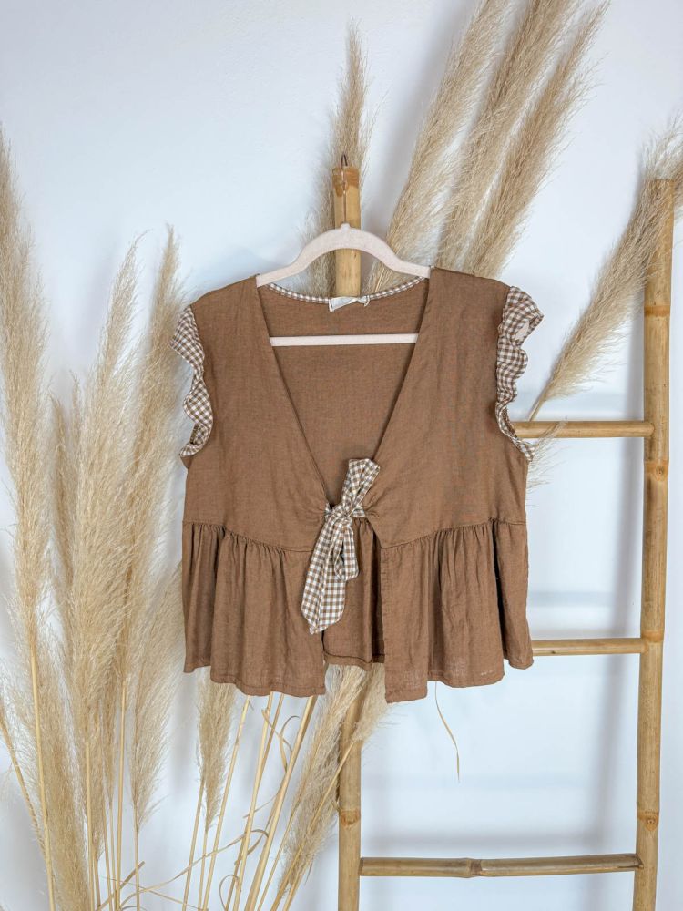 Blusa manga sisa marrón lazo vichy