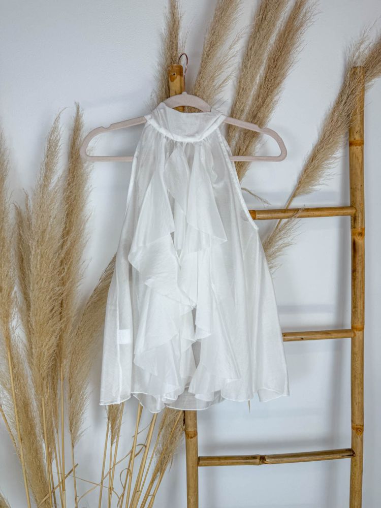 Blusa seda blanca chorreras y lazada al cuello