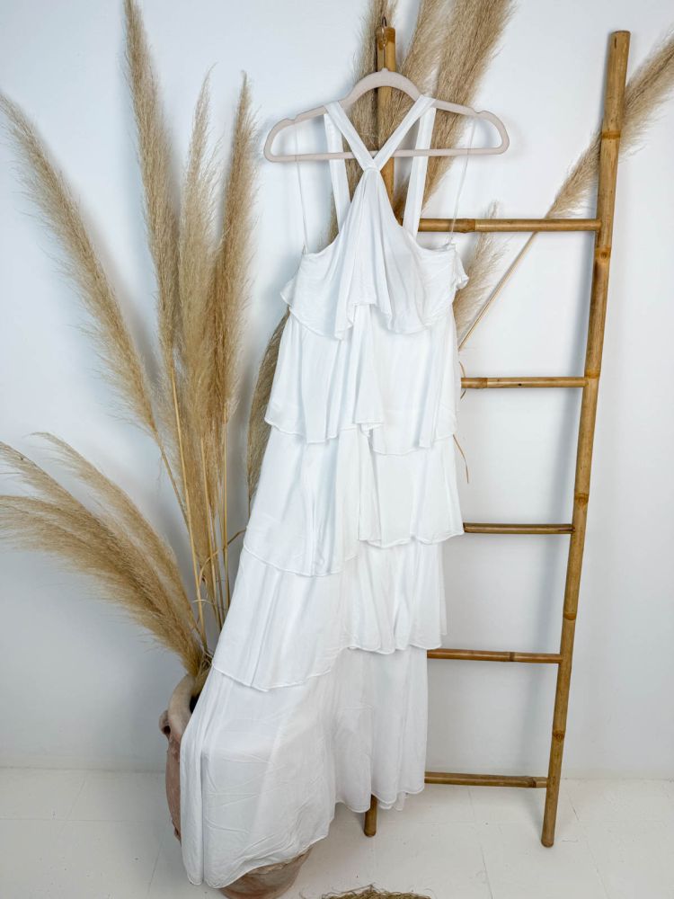 Vestido blanco 5 volantes cruzado delante