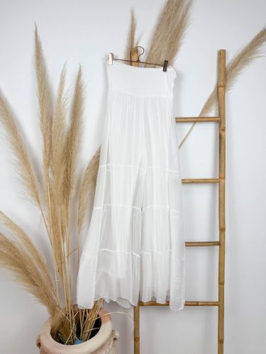 Pantalón seda blanco palazzo canastero cintura elástica