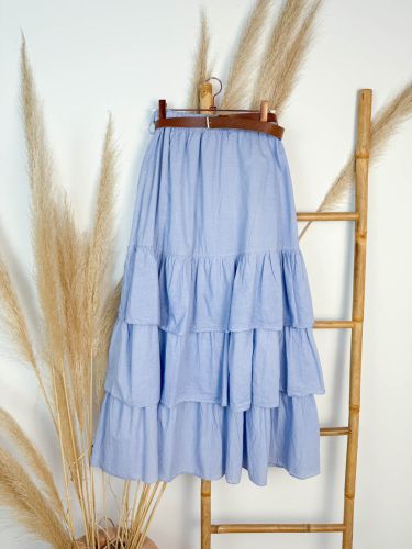 Falda tres volantes celeste cinturón material