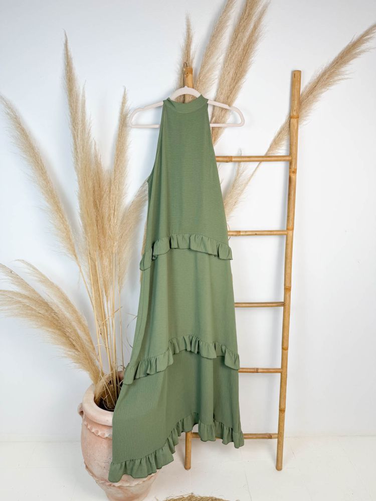 Vestido verde lazada al cuello 3 volantito