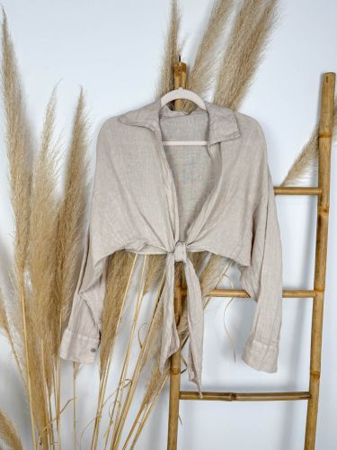 Top anudado lino camel manga larga