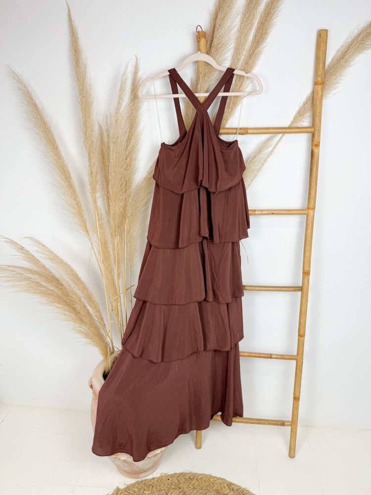 Vestido marrón chocolate 5 volantes cruzado delante