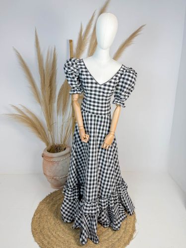 Bata Baena vichy negra cuadro grande manga farol