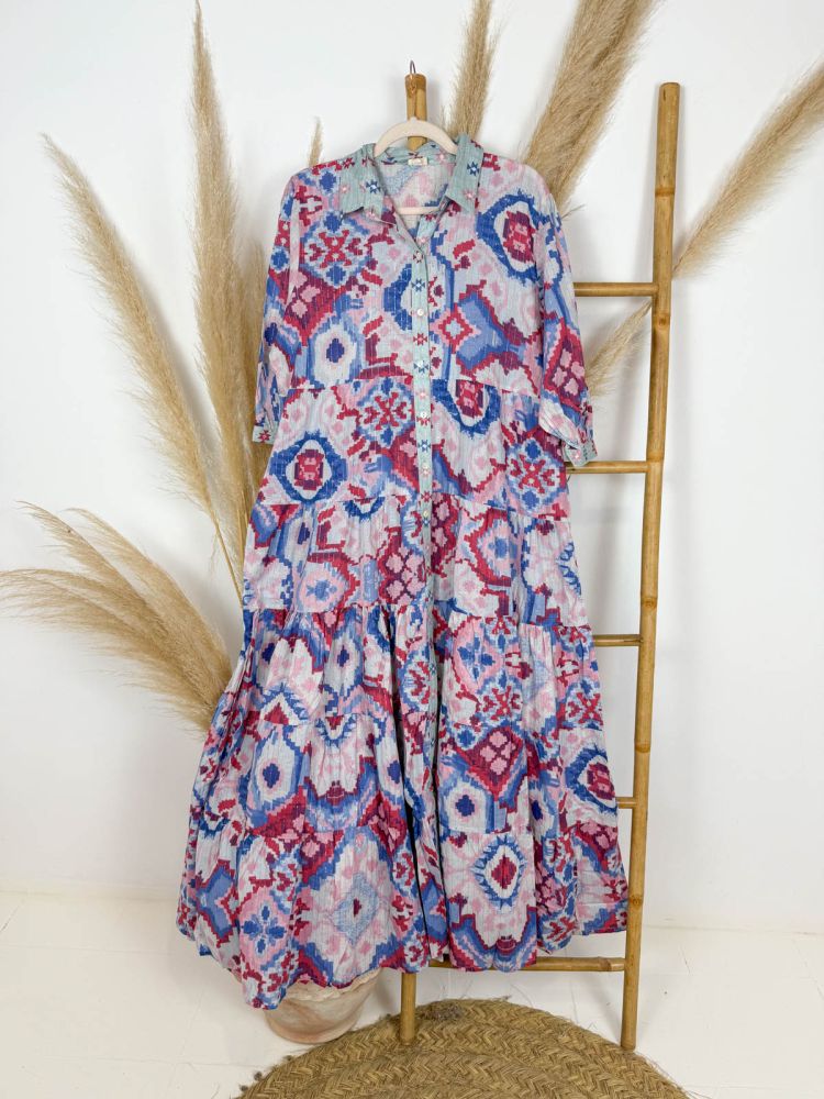 Vestido camisero étnico azul