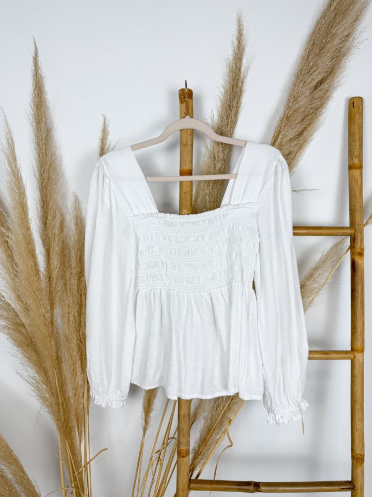 Blusa blanco manga engomada pecho panel de abeja