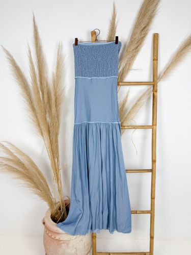 Vestido azul satinado palabra de honor 2