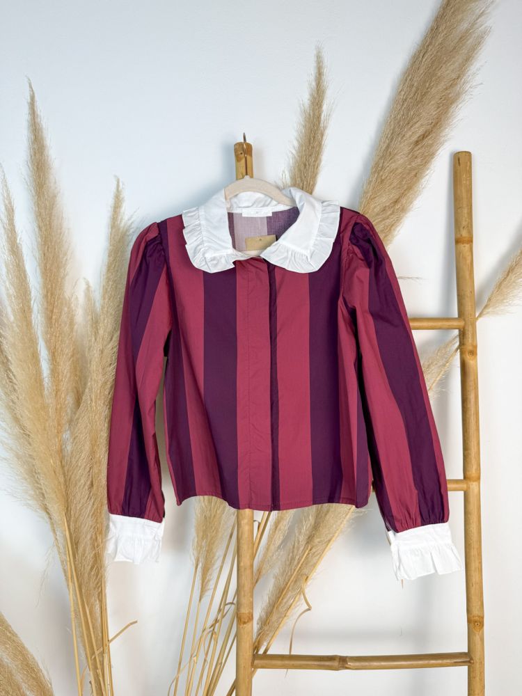 Camisa de rayas anchas granate y vino tinto cuello y puños blanco