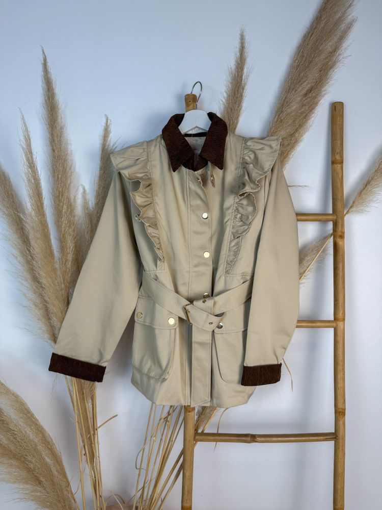 Parka beige puños y cuello de pana marrón chocolate