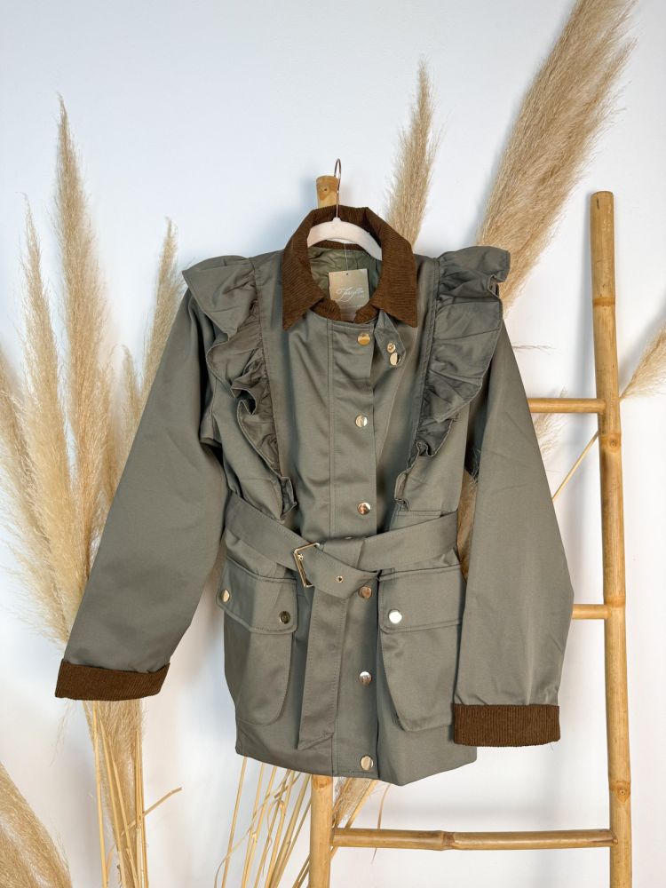 Parka verde puños y cuello de pana marrón chocolate