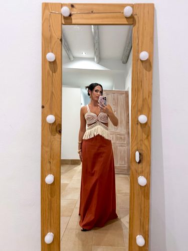 Vestido caldera escote cuerdas blancas cenefa de hilo...