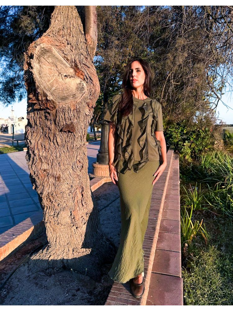 Falda lino verde bajo desflecado