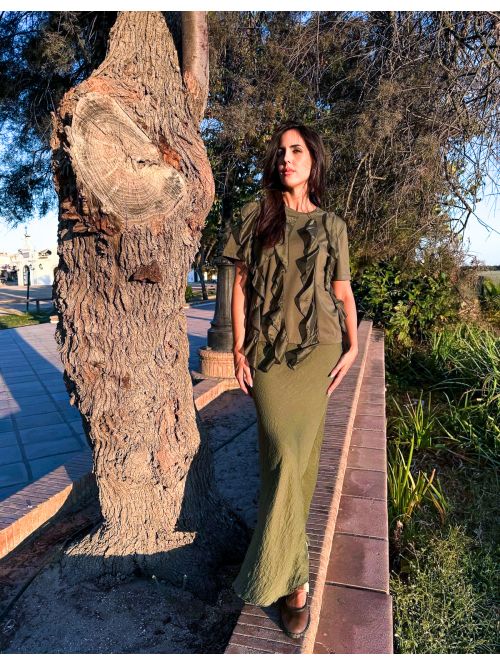 Falda lino verde bajo desflecado