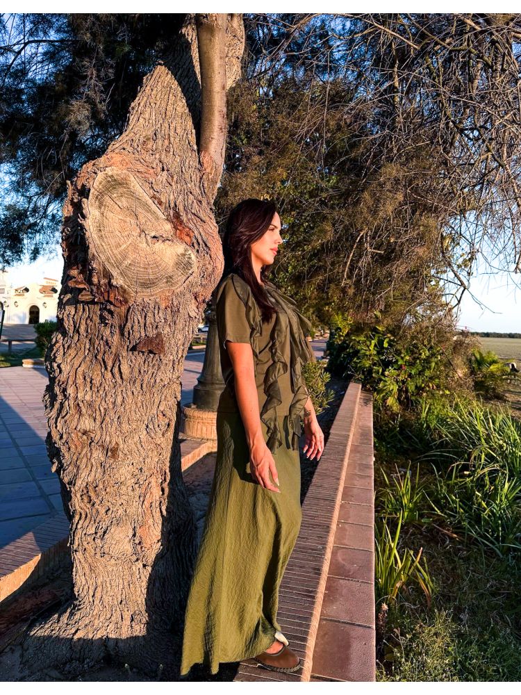 Falda lino verde bajo desflecado