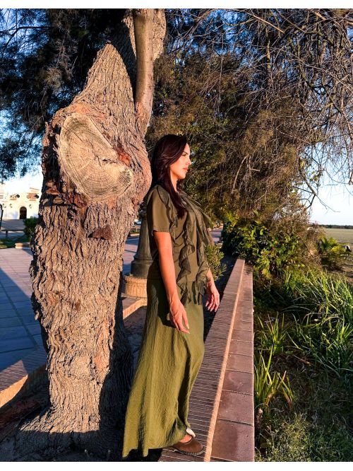 Falda lino verde bajo desflecado