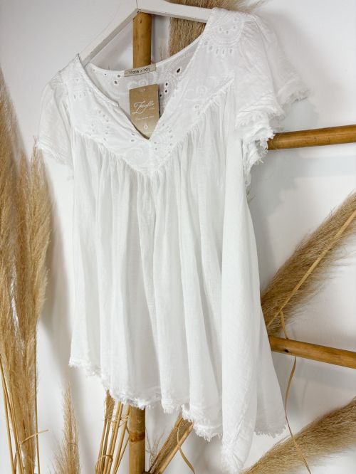 Blusa blanca volantitos desflecados detalles perforados