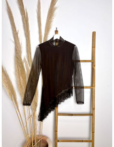 Top chocolate de tul asimétrico con...