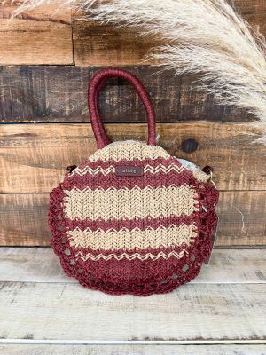 Bolso de rafia beige y granate asas semirígidas ovalado